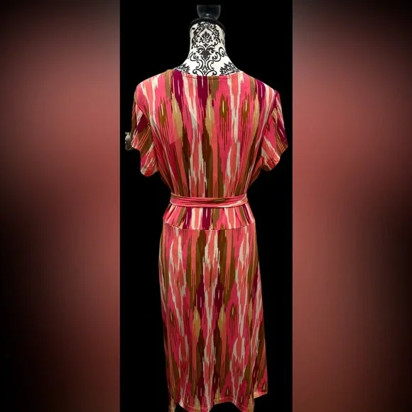 IMAN Global Chic Pink Multicolor Faux Wrap Dress Belt Short Sleeve - Picture 7 of 13